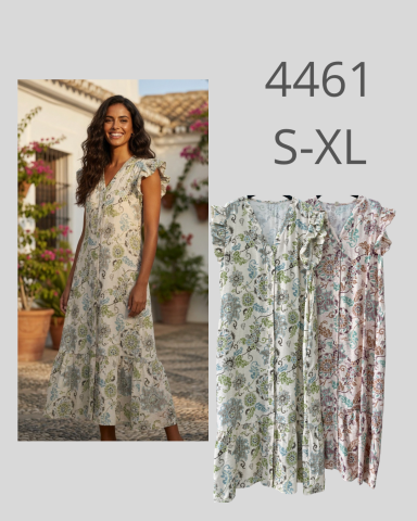 Mujer sonriente en un vestido floral, con opciones de color y tallas S-XL.
