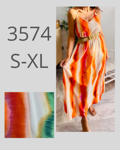 Vestido largo de colores brillantes en tonos naranja y azul, modelo S-XL.