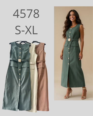 Vestido de botones en tres colores, modelo con cinturón, tallas S-XL.