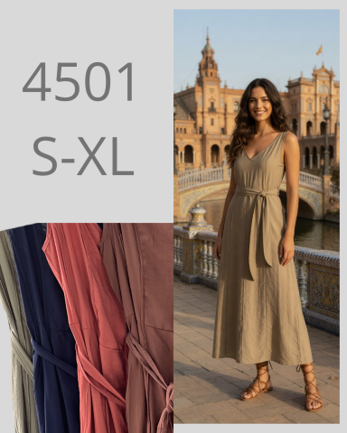 Modelo de vestido largo en un entorno urbano con varios colores de tela al lado.