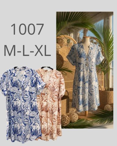 Vestido floral en colores azul y coral, disponible en tallas M, L y XL.
