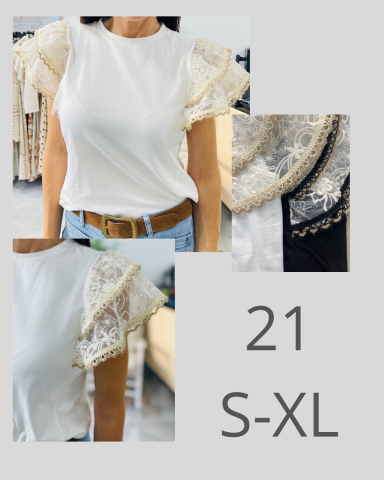 Blusa blanca con mangas de encaje, disponible en tallas S a XL.