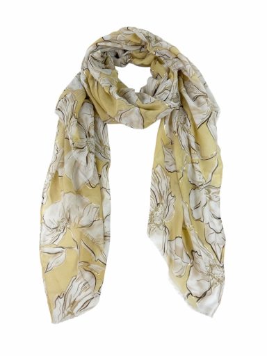 Bufanda amarilla con estampado de flores en tonos claros.