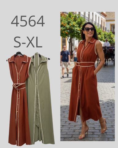 Modelo femenina luciendo un vestido largo en tonos marrón y verde. Tallas S-XL.