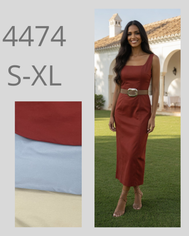Vestido largo rojo con cinturón, disponible en tallas S a XL. Fondo de color claro.