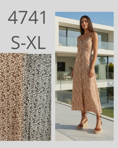Vestido largo de color beige con estampado, modelo 4741, disponible en tallas S-XL.
