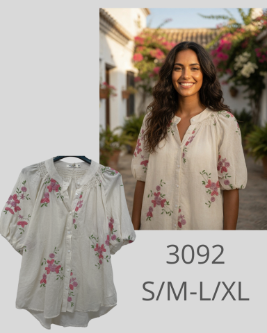 Camisa de flores en tonos pastel, con botones y mangas cortas, modelo 3092. Tallas S/M-L/XL.