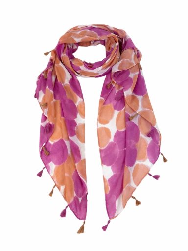 Bufanda ligera de colores rosa y naranja con flecos decorativos.