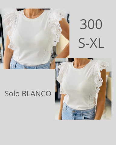 Blusa blanca de manga corta con volantes, disponible en tallas S-XL.