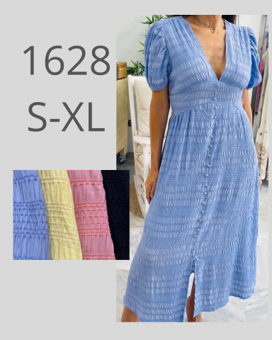 Vestido azul con escote en V, mangas abullonadas y opción de tallas S-XL.