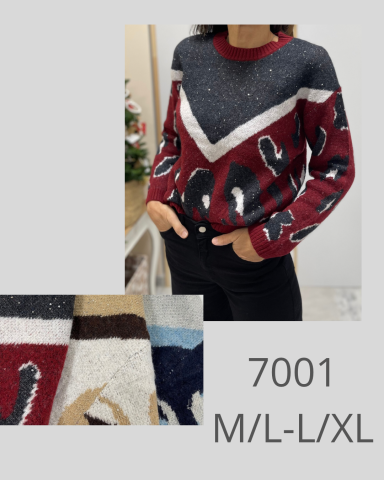 Suéter de diseño multicolor con patrones en tonos rojos, grises y negros. Tallas M/L-L/XL.