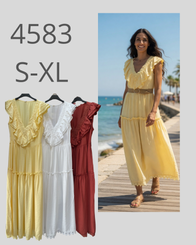 Mujer sonriente con vestido amarillo caminando por la playa, junto a opciones de color.