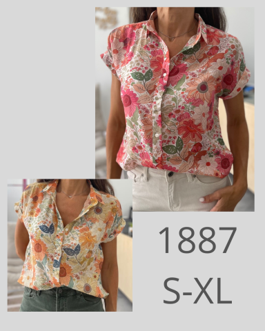 Camisas de flores en tonos rosa y naranja, disponibles en tallas S a XL.