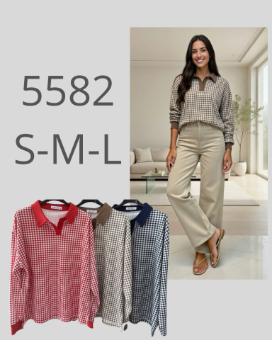 Modelo vistiendo una camisa de cuadros, junto a versiones en rojo, beige y azul.