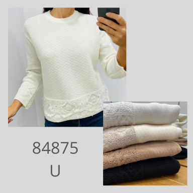 Suéter blanco con textura, modelo 84875, junto a opciones de colores.