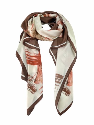 Bufanda de seda con diseño abstracto en tonos marrones y coral.