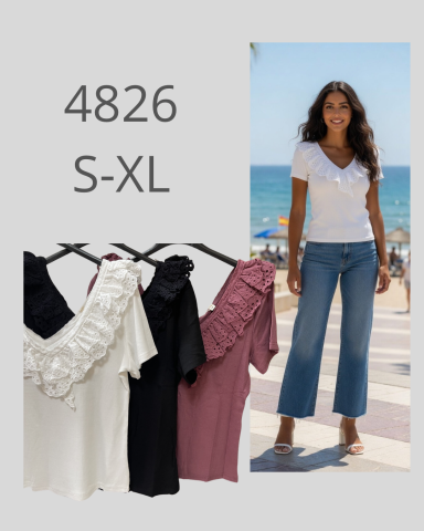 Modelo de blusa de diferentes colores y tallas, junto a una mujer con atuendo veraniego.