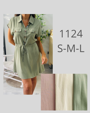 Vestido corto verde con cinturón, disponible en tallas S, M y L, con muestras de colores.