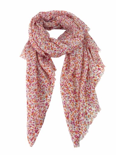 Bufanda de estampado floral en tonos rosa y anaranjado.