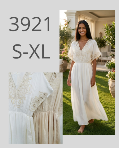 Modelo caminando en un vestido blanco con detalles, junto a tallas S-XL.