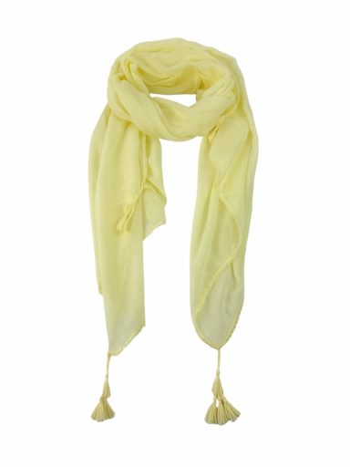 Bufanda amarilla clara con borlas en los extremos.