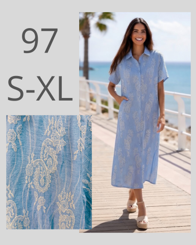 Vestido azul claro con estampado, corte sencillo y botones, tamaño S-XL.