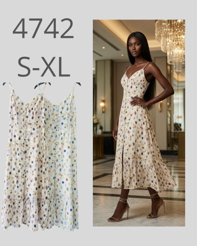 Modelo con vestido largo de flores y tacones, junto a la prenda en tallas S-XL.