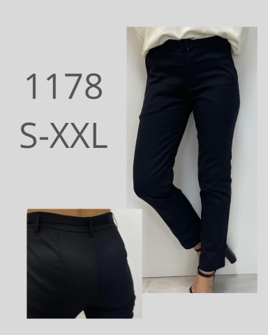 Pantalones oscuros en tallas S-XXL, mostrando el frente y la parte trasera.