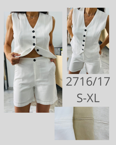 Conjunto de dos piezas blanco, blusa sin mangas y pantalones cortos, estilo veraniego.
