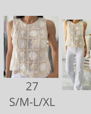 Top sin mangas de color crema con diseño de cuadrados y pantalones blancos. Tallas S/M y L/XL.