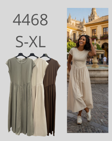 Vestido de verano disponible en tres colores: verde, marrón y beige, con modelo sonriente.