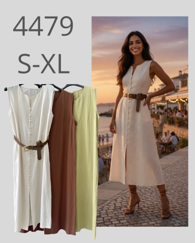 Vestido largo sin mangas, color blanco, con cinturón, modelo de tallas S-XL. Fondo al atardecer.