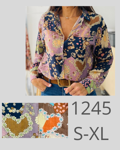 Blusa de mujer con estampado colorido, disponible en tallas S-XL. Código: 1245.