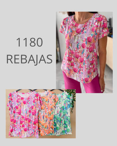 Blusas de flores en tonos rosa, naranja y verde con el texto "1180 REBAJAS".