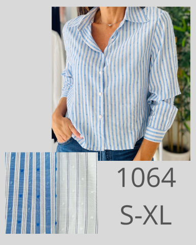 Camisa de rayas azul y blanca, botón frontal, disponible en tallas S-XL.