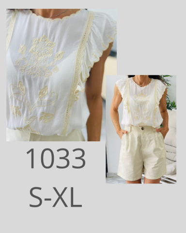 Blusa blanca con detalles bordados y shorts claros, estilos casuales y elegantes.