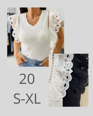 Top blanco con mangas de encaje, disponible en tallas S a XL.
