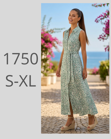 Vestido largo y sin mangas de color verde con estampado, ideal para primavera-verano.