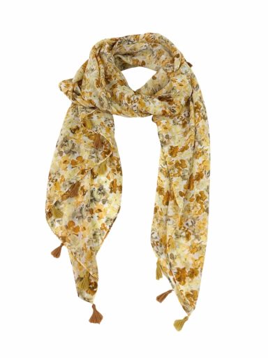 Bufanda amarilla con estampado floral en tonos cálidos y flecos en los extremos.