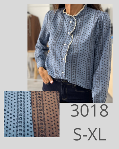 Camisa de manga larga con patrón en azul y marrón, talla S-XL.