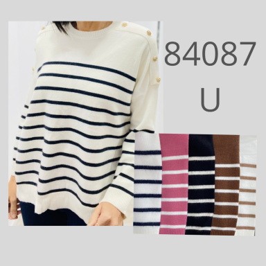 Suéter blanco con rayas azules y botones en los hombros, opciones de colores múltiples.