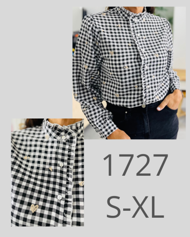 Camisa de cuadros en blanco y negro, estilo corto, con botones y cuello. Tallas S-XL.