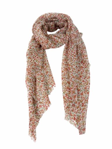 Bufanda de color beige con estampado de flores en tonos naranja y rojo.