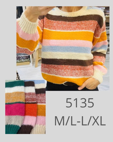 Suéter a rayas en tonos rosa, naranja, marrón y azul, talla M/L-L/XL.