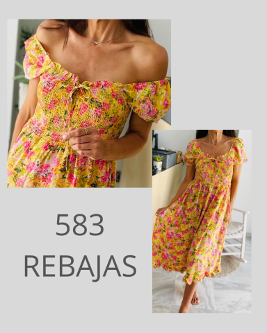 Vestido de flores amarillas y rosas, con mangas cortas y escote. Texto: "583 REBAJAS".
